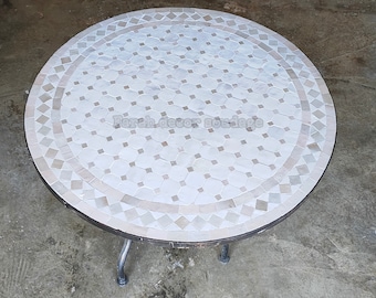 White Beige Moroccan Mosaic Table – Handmade Zellige Bistro Table – Round Patio Furniture .