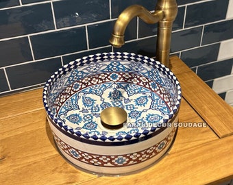 Blue Moroccan Ceramic Vessel Sink – Hand Painted Vanity Basin – Handmade Bathroom Sink – Custom Washbasin .