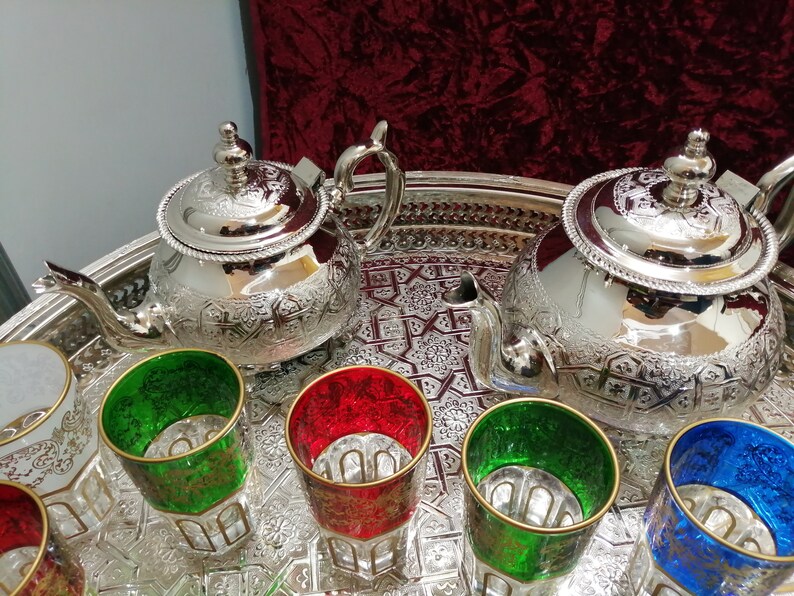 Moroccan Tea Glasses & Teapot Engraved Silver Tray Moroccan Etsy