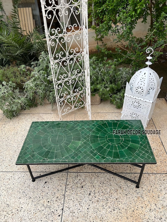 Custom Moroccan Mosaic Zellige Table - Rectangular Table for Indoor & Outdoor Use Wrought Iron Legs .