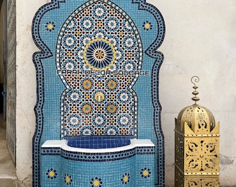Mosaic Tile Fountain , Moorish Tile Fountain Artwork, Brass plated Fountain, Water Mosaic Fountain
