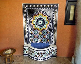 Moroccan Zellige Fountain, Handmade Blue White Mosaic Tile Fountain, Garden Patio Indoor Outdoor Decor .