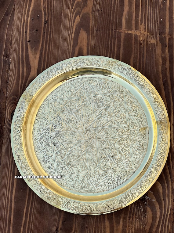 その他 Brass Round Tray with Engraved Pattern Handmade Moroccan Brass Tray - Engraved Tea Serving Platter