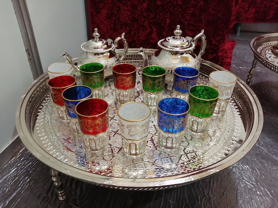 Moroccan Tea Glasses & Teapot Engraved Silver Tray , Moroccan Tray