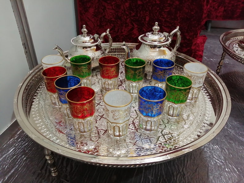 Moroccan Tea Glasses & Teapot Engraved Silver Tray Moroccan Etsy