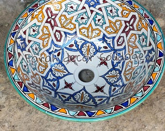 Handmade Moroccan Sink - Ceramic Bathroom Lavabo - Wall Mounted Basin - Artisan Bathroom Decor