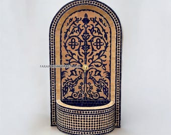 Custom Moroccan Mosaic Fountain – Handmade Zellige Wall Fountain for Garden & Indoor Decor .