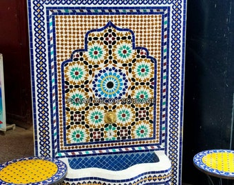 Garden fountain mosaic , Moroccan Mosaic Tile Fountain , Moroccan Mosaic Fountain , Wall mosaic fountain Indoor Decor .