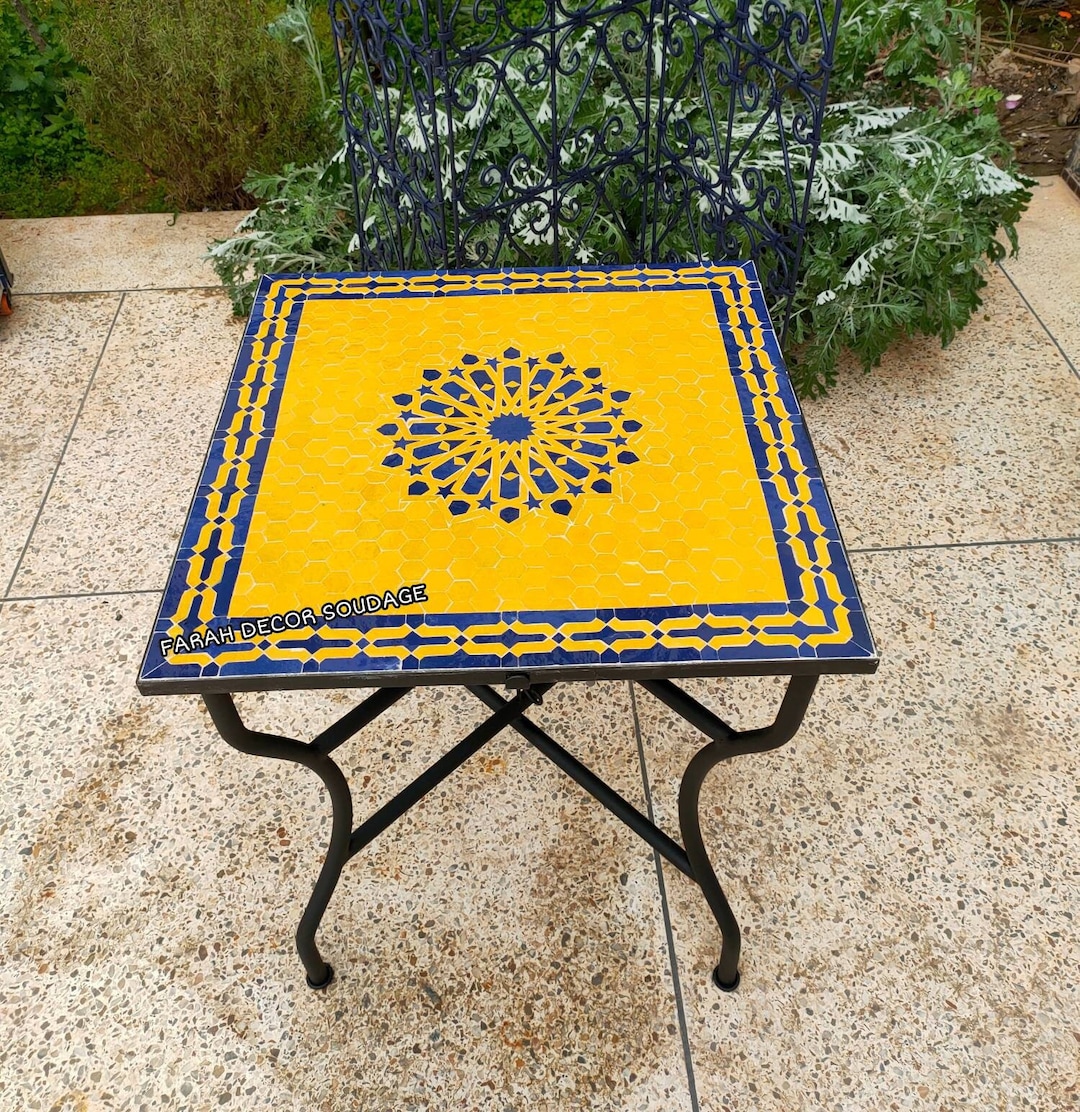 Yellow Blue Moroccan Square Mosaic Table, Handmade Zellige Outdoor