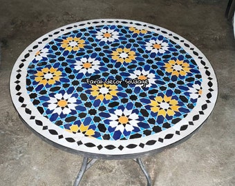 Handmade Moroccan Zellige Mosaic Table – Blue Round Outdoor Bistro Patio Table