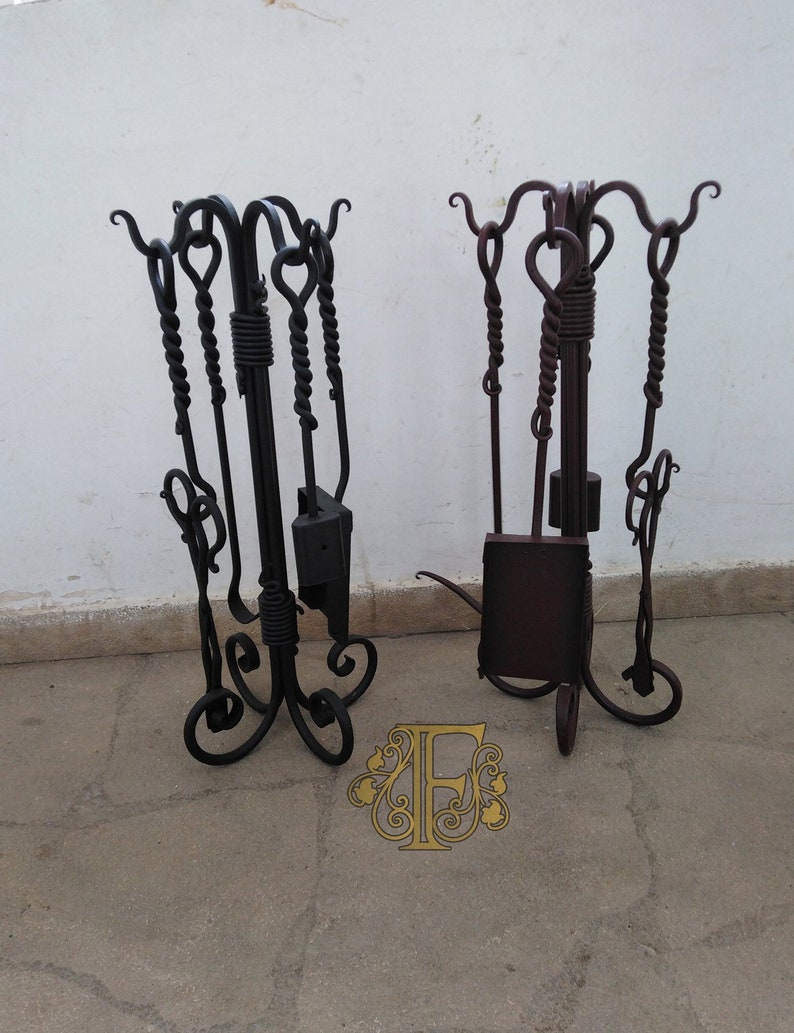 Hand Wrought Iron Fireplace Tools Set Wrought Iron Etsy