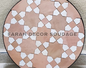 Mosaic table for outdoor and indoor , handcrafted tiles white and beige , Round Moroccan garden table .