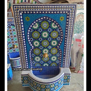 Turquoise Tile Fountain, Moroccan Mosaic Fountain, Garden Wall mosaic fountain , Garden and Indoor  Mosaic Fountain, Wall water fountain .