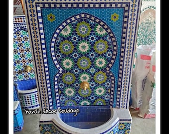 Turquoise Tile Fountain, Moroccan Mosaic Fountain, Garden Wall mosaic fountain , Garden and Indoor  Mosaic Fountain, Wall water fountain .