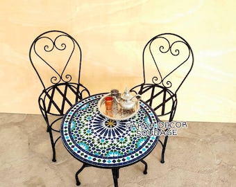 Authentic Moroccan Mosaic Table with 2 Iron chairs, Bistro Mosaic Table For Outdoor Indoor, Mosaic Table Set  for your Garden or balcony .
