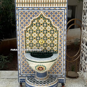 Moroccan Mosaic Water Fountain - Handmade Zellige Garden Fountain - Outdoor Wall Waterfall for Patio or Courtyard Decor