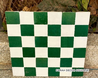 Moroccan Zellige Mosaic Tile | Handmade Green & White Chessboard Design .
