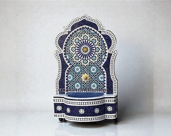 Moroccan Mosaic Fountain, Handmade Zellige Tile Water Feature, Custom Outdoor Garden Patio Decor .