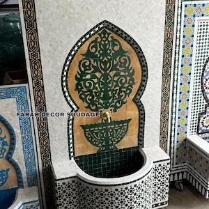 Handmade Moroccan Zellige Fountain - Green Outdoor Mosaic Water Feature – Traditional Garden Decor Fountain
