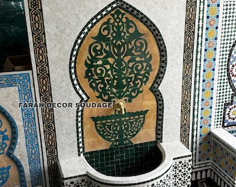 Handmade Moroccan Zellige Fountain - Green Outdoor Mosaic Water Feature – Traditional Garden Decor Fountain