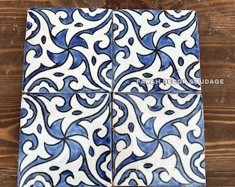 Blue Moroccan Ceramic Tiles, Hand-Painted 4x4 Floral Wall Tile, Kitchen Backsplash Decor .