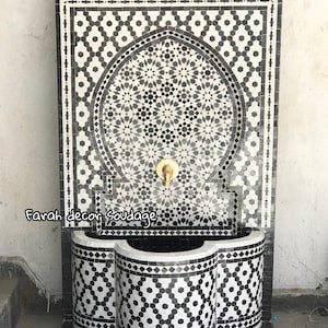 Garden Wall Fountain , Moroccan Mosaic Tile Fountain , Moroccan Mosaic Fountain , Black & White Wall Water  Fountain .