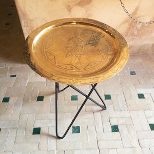 Moroccan Brass Table , Brass Tea table , Moroccan Arabesque Engraved Carved Polished Brass Tray Folding Table , Moroccan decor Wrought Iron