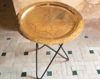 Moroccan Brass Table , Brass Tea table , Moroccan Arabesque Engraved Carved Polished Brass Tray Folding Table , Moroccan decor Wrought Iron