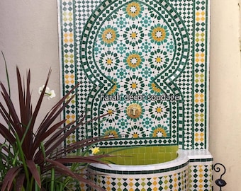 Handmade Moroccan Mosaic Tile Fountain - Green Mosaic Garden Water Feature