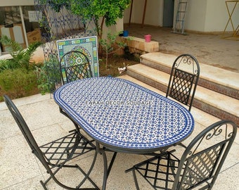 Large Dining Oval Mosaic Table With 6 Iron Chairs - Mosaic Table - Moroccan Mosaic Table Outdoor & Indoor living Dining