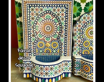 Garden fountain mosaic , Moroccan Mosaic Tile Fountain , Moroccan Mosaic Fountain , Wall mosaic fountain , Garden and Indoor Decor .