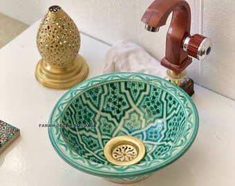 Green Moroccan Ceramic Sink – Handmade Hand-Painted Pottery Washbasin - Morrish Decor .