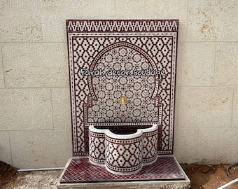 Mosaic Fountain , Red & White Garden Moroccan Mosaic fountain , Watter mosaic fountain For Garden and Indoor .