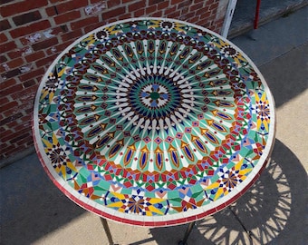Handmade Moroccan Mosaic Bistro Table - Custom  Round Indoor/Outdoor Zellige Tile Table - Morrish Decor .
