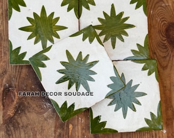 Custom Hand-Painted Moroccan Ceramic Tiles - Green Zellige Decorative Kitchen & Bathroom Accent .