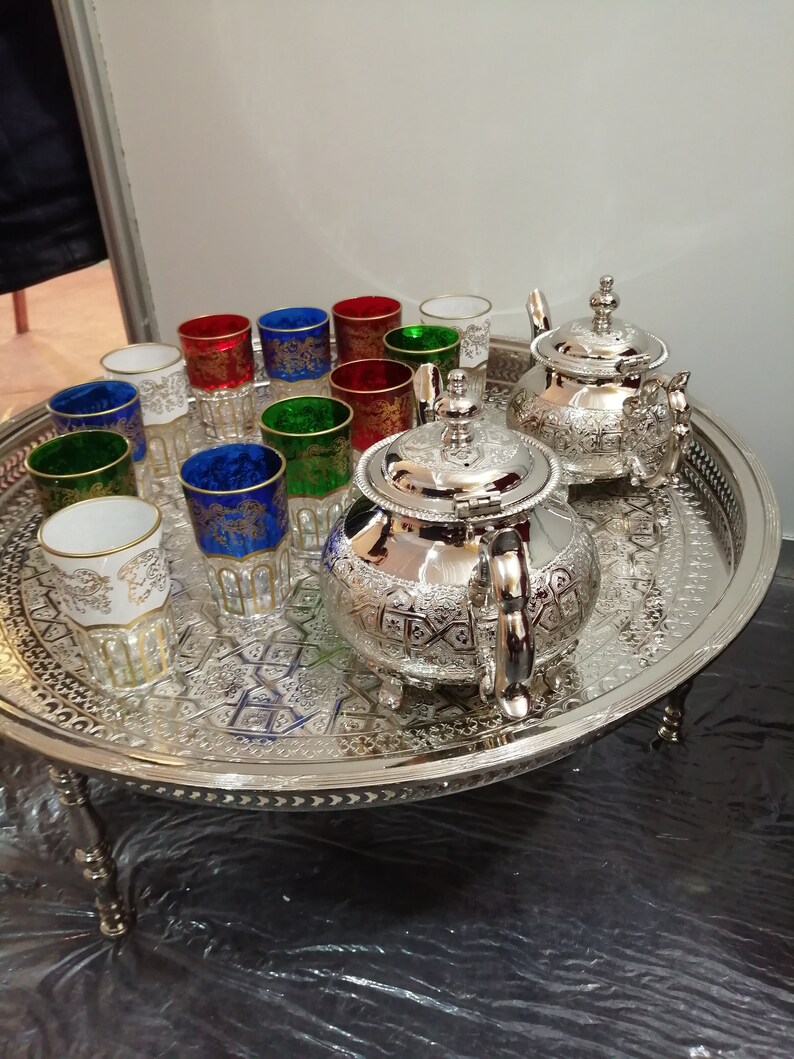 Moroccan Tea Glasses & Teapot Engraved Silver Tray Moroccan Etsy