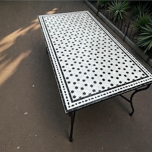 Handmade Rectangular Mosaic Dining Table, Black and White Zellige Tile Table, Mediterranean Style .