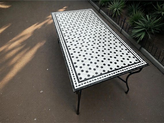 Handmade Rectangular Mosaic Dining Table, Black and White Zellige