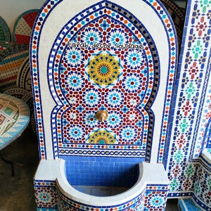 Authentic Moroccan Fountain, Garden Moroccan fountain mosaic, Moroccan Tile Fountain for Garden and Indoor, Mid Century wall water fountain