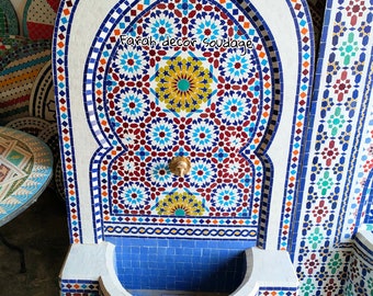 Authentic Moroccan Fountain, Garden Moroccan fountain mosaic, Moroccan Tile Fountain for Garden and Indoor, Mid Century wall water fountain