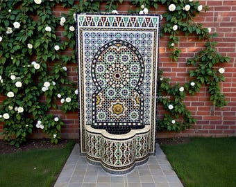 Moroccan Zellige Wall Fountain, Handmade Blue and White Mosaic Fountain with Brass Faucet .
