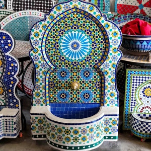 Garden Moroccan fountain mosaic , Moroccan Tile Fountain , Moroccan Mosaic Fountain , Wall mosaic fountain .