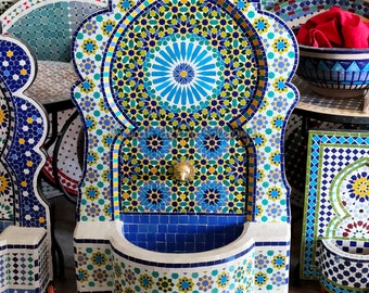Garden Moroccan fountain mosaic , Moroccan Tile Fountain , Moroccan Mosaic Fountain , Wall mosaic fountain .