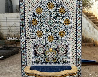 Large Wall Mosaic Water Fountain for Garden - Outdoor Zellige Fountain - Handmade Moroccan Water Fountain - Mid Century Mosaic Fountain