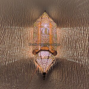 May include: A gold metal wall sconce with intricate cut-out designs. The sconce is lit and casts a warm glow.