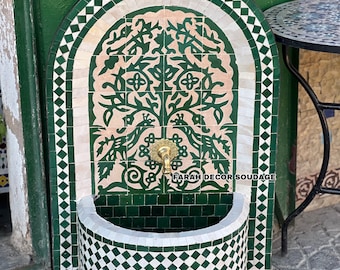 Moroccan Tile Fountain , Moroccan Mosaic Fountain , Wall mosaic fountain , Garden and Indoor fountain , wall water fountain .