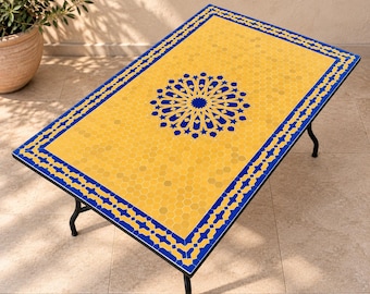 Handmade Moroccan Zellige Table, Blue Yellow Mosaic Coffee Table, Geometric Tile Outdoor Garden Furniture .