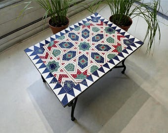 Handmade Rectangular Mosaic Table with Iron Legs, Custom Tile Top, Moroccan Outdoor Dining Furniture .