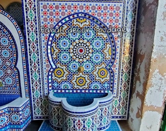 Mosaic Fountain from Moroccan Tiles Traditional Oriental Floral Motif Blue White Functional Water Fountain Patio Outdoor Garden Decoration