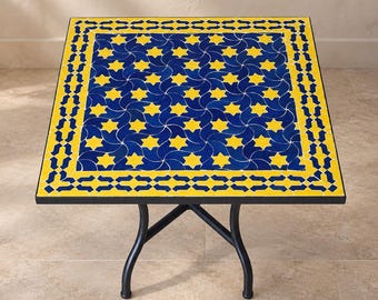 Blue & Yellow Mosaic Coffee Table | Square Zellige Tile Top | Handmade Patio Furniture .